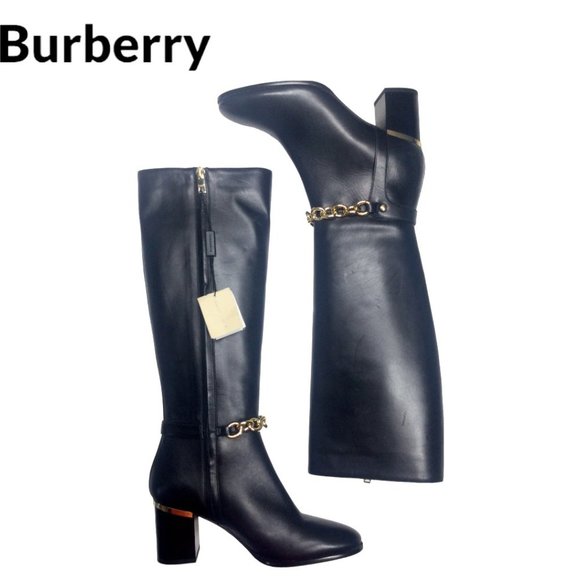 Burberry Women's Tibbenham Tall Knee High Boots Black w/Chains Size 37.5 - Picture 4 of 7